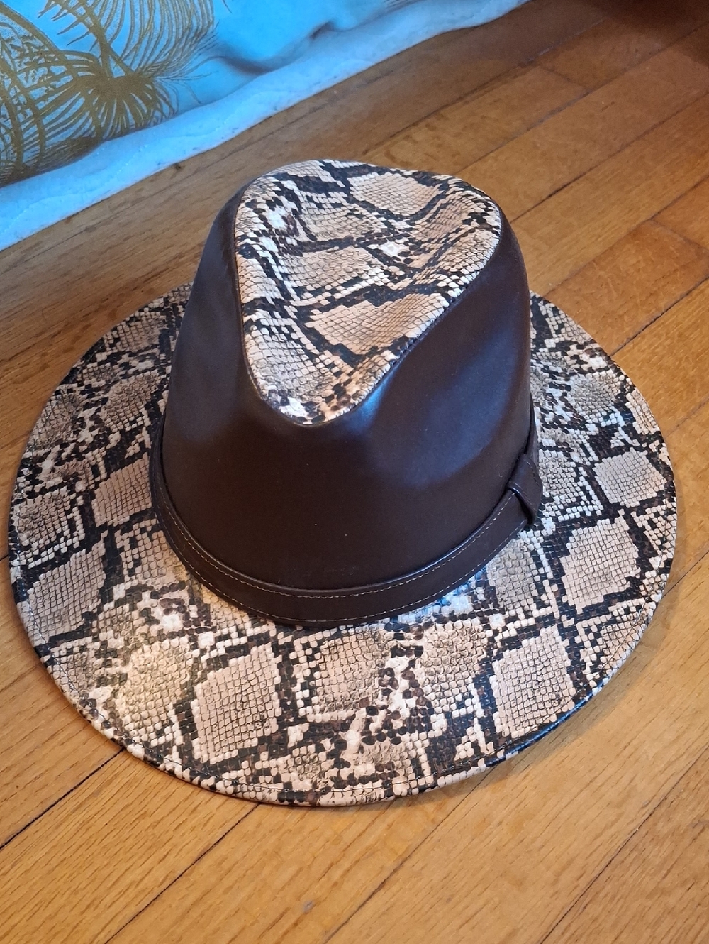 Brown Faux Leather Fedora with Snake-Print Brim - Women's Accessory